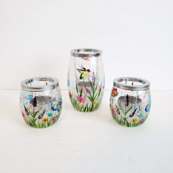 Yankee Candle Crackle Glass Wildflowers Hummingbird Butterfly Tealight Holders 3